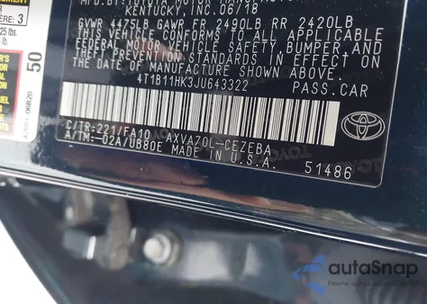 2018 Toyota Camry L from USA, damaged, VIN 4T1B11HK3JU643322